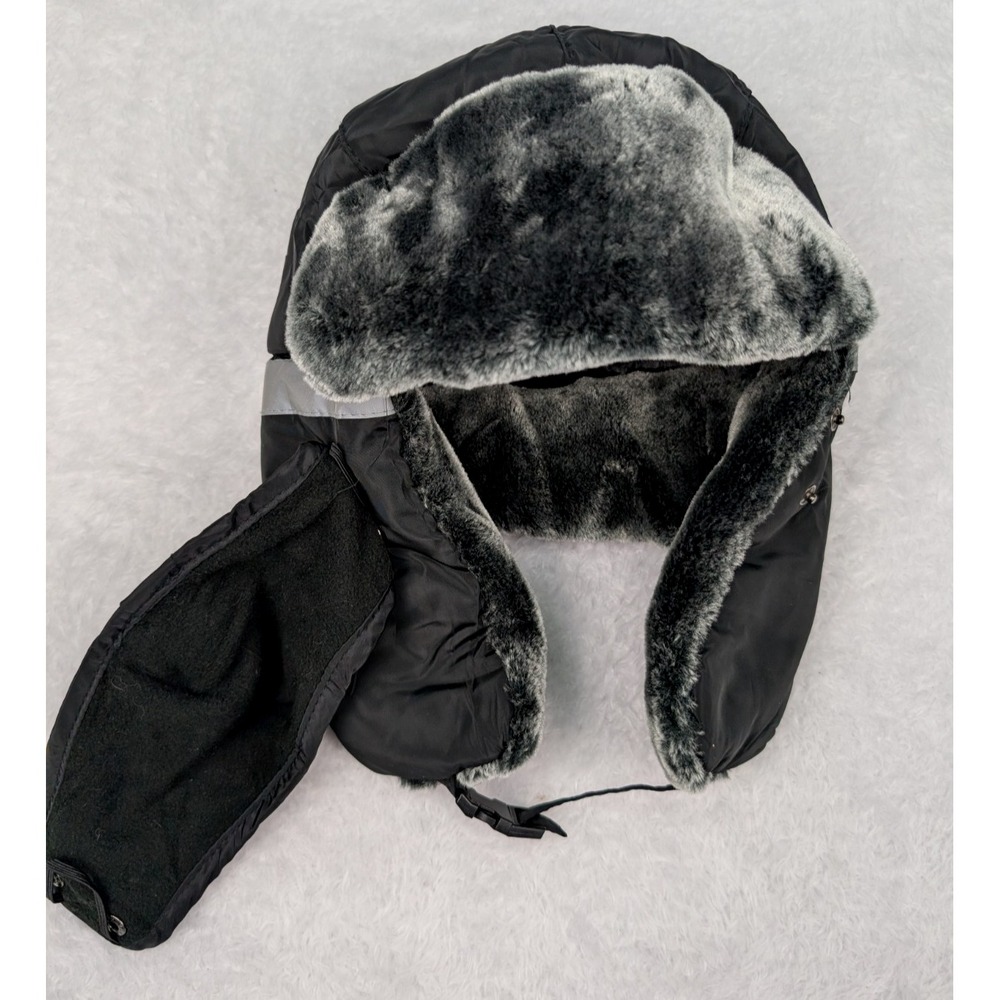 Fenely Bomber Trapper Hat Black Ear Flaps Snap Face Shield Soft Fur‎ Winter